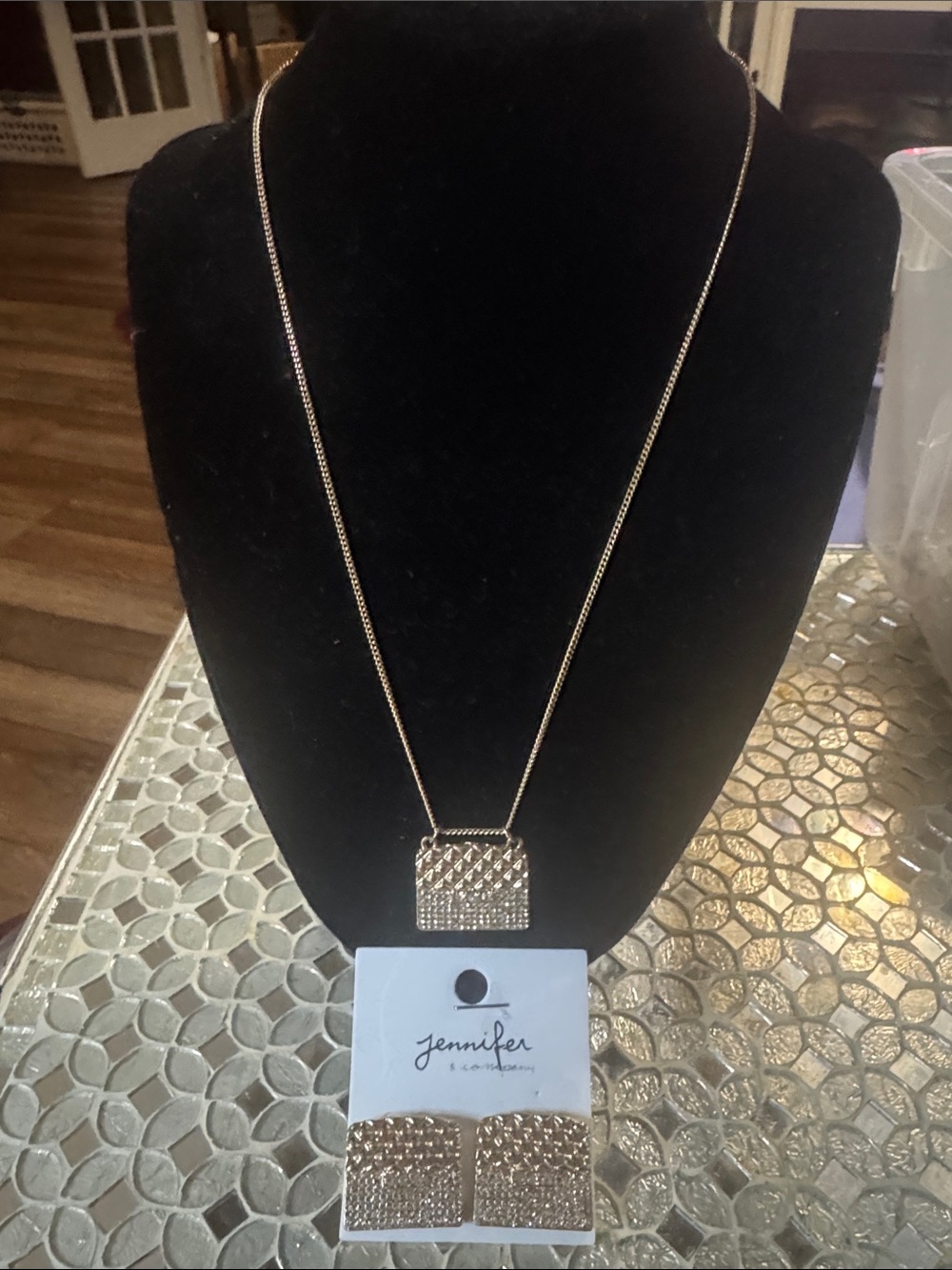 Gold-Tone Textured Square Pendant Necklace and Earring Set